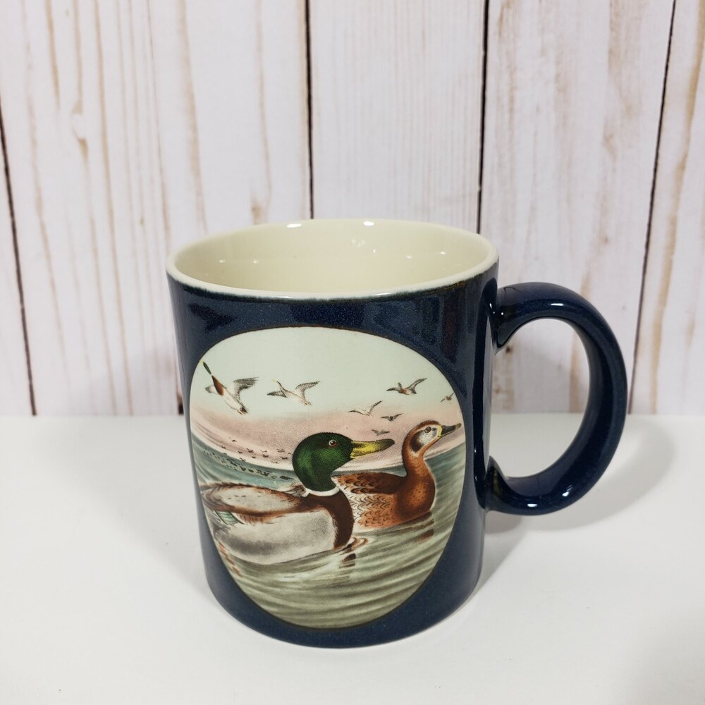 Vintage Otagiri Japan Duck Coffee Mug Mallard Drake Waterfowl Navy Blue Pottery